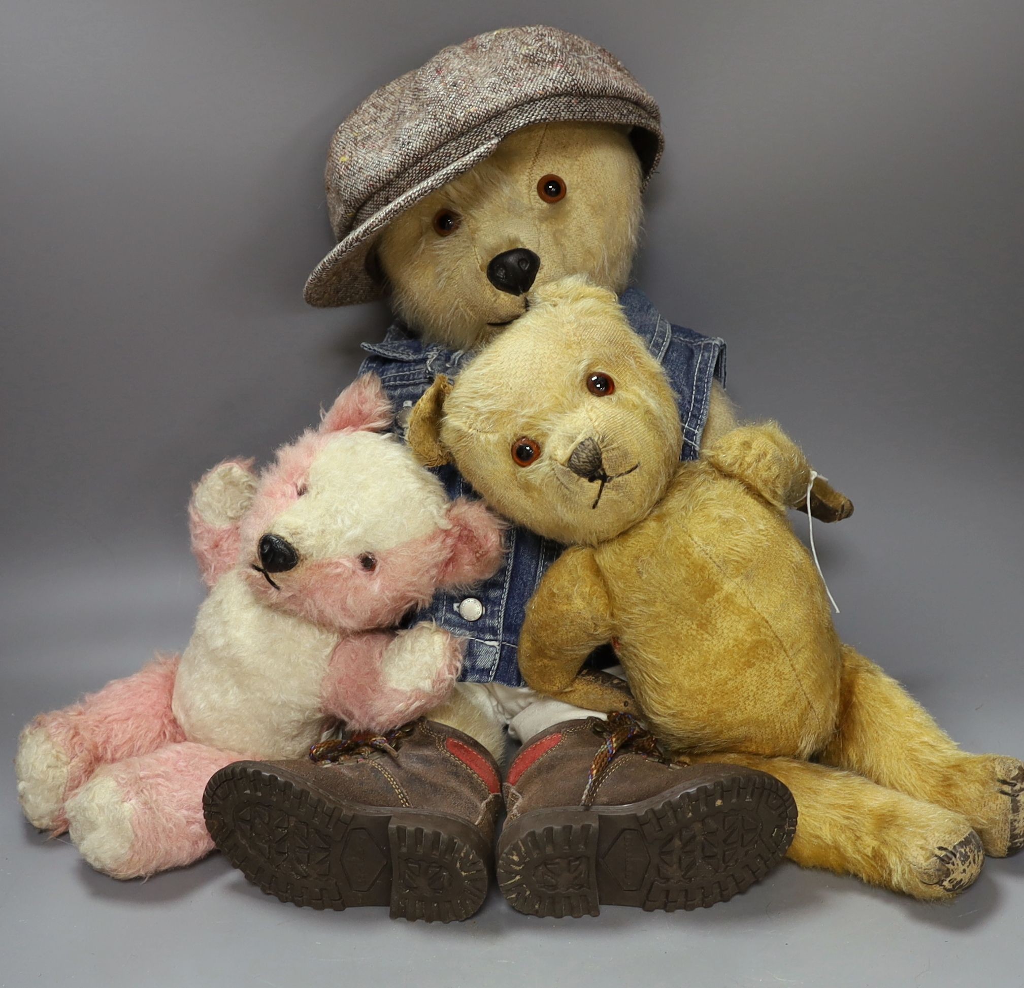 Three Chiltern Bears One Dressed in Hiking Clothes 43cm And a Pink Synthetic 28cm Also 1930's Bear 42cm.